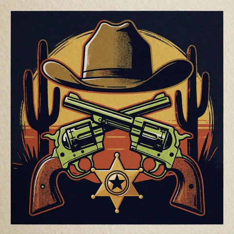 Pop-Art-Kachel mit Cowboyhut und Revolvern als Symbol f&uuml;r den hochvolatilen Slot Wanted Dead or a Wild bei Zoccer
