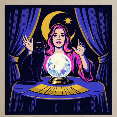Pop-Art-Kachel mit Kristallkugel und Tarotkarten als Symbol f&uuml;r den Megaways-Slot Madame Destiny in der Zoccer Lobby