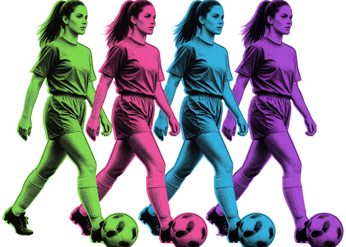 Pop-Art-Grafik mit vierfach duplizierter Fu&szlig;ballspielerin in Neonfarben und Ball als Markenbild von Zoccer Casino