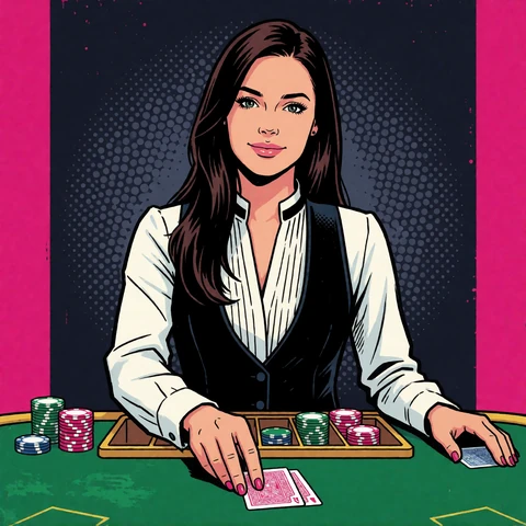 Pop-Art-Live-Dealerin am Kartentisch als Symbol f&uuml;r Live Casino und Game Shows bei Zoccer