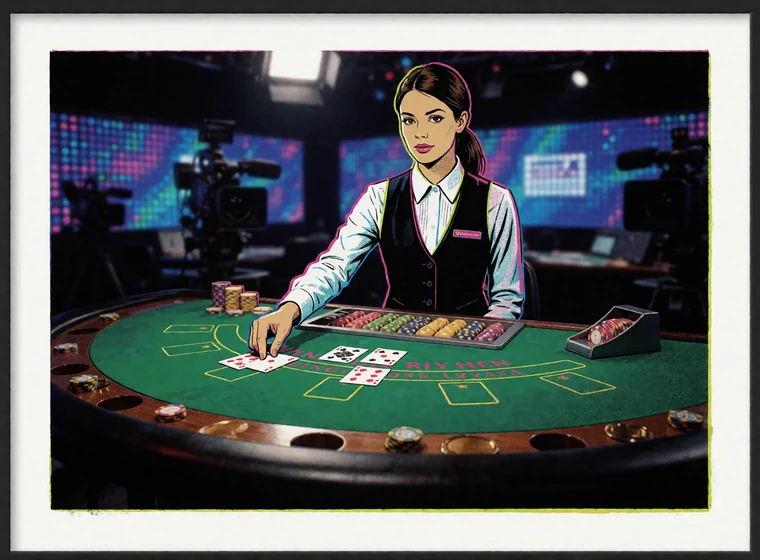 Pop-Art-Szene einer Live-Dealerin am Blackjack-Tisch mit Chips und Kartenschlitten als Beleg f&uuml;r das Live Casino bei Zoccer