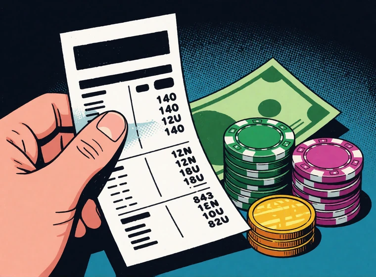 Pop-Art-Illustration mit Wettschein, Geldschein und Casino-Chips als Symbol f&uuml;r gemeinsames Guthaben bei Zoccer Casino