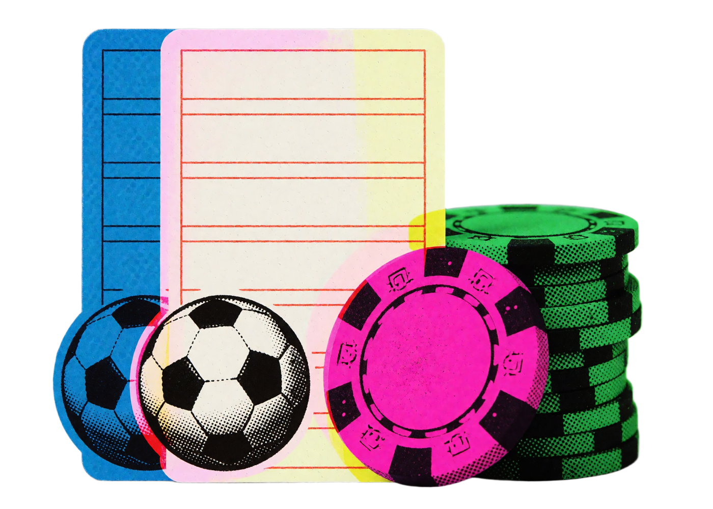 Pop-Art-Grafik mit Wettschein, Fu&szlig;ball und Casino-Chips als Einstiegsbild f&uuml;r Sportwetten bei Zoccer