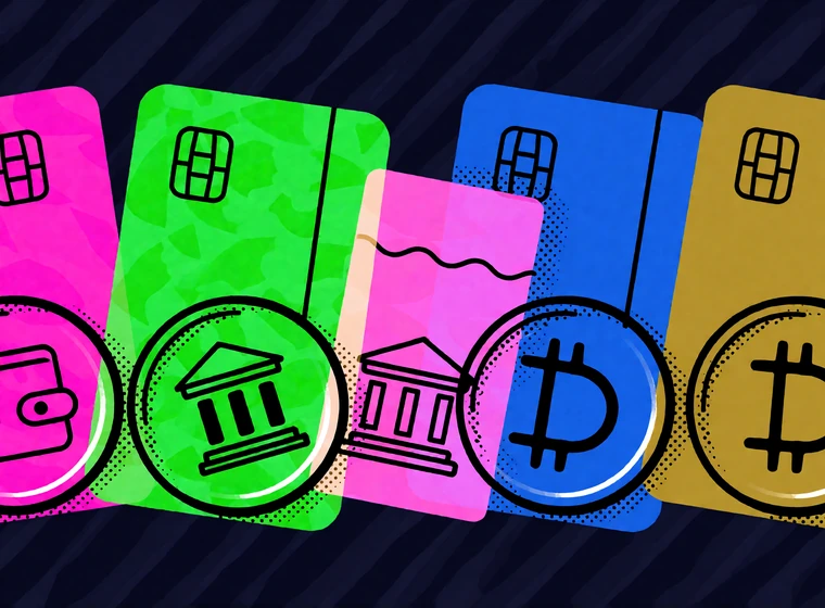 Pop-Art-Grafik mit Zahlungssymbolen f&uuml;r Karte, Prepaid, Bank, Wallet und Krypto als Vertrauensanker im Zahlungsbereich