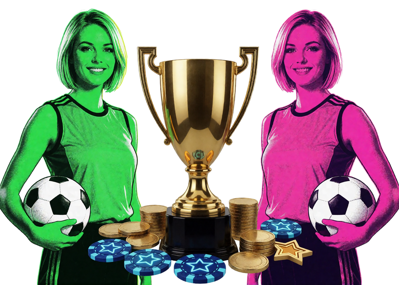 Pop-Art-Motiv mit Pokal, duplizierter Spielerin, M&uuml;nzen und Freispiel-Sternen als Symbol f&uuml;r den Casino Bonus bei Zoccer