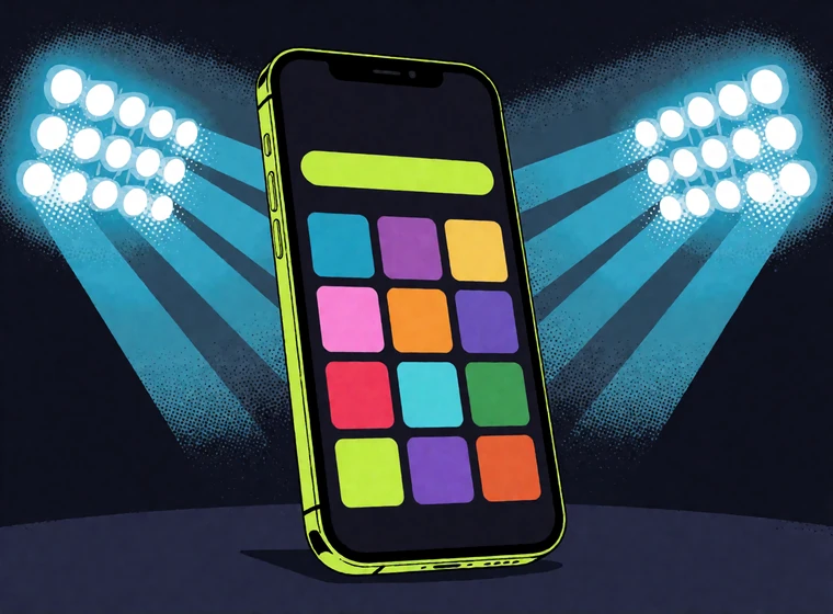 Pop-Art-Smartphone mit n&auml;chtlicher Casino-Lobby und Flutlicht als Symbol f&uuml;r mobiles Spielen ohne App