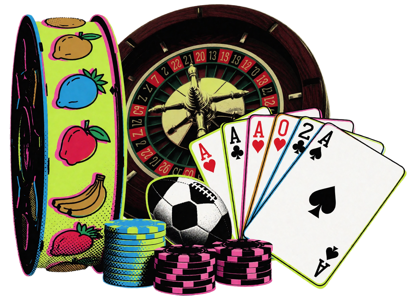 Pop-Art-Grafik mit Slot-Walze, Roulettekessel, Kartenf&auml;cher und Chips als Symbol f&uuml;r die Spiele-Lobby im Zoccer Casino