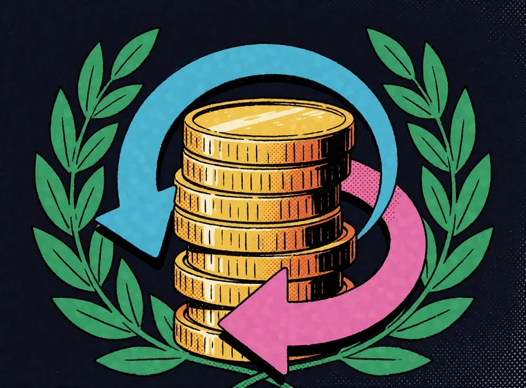 Pop-Art-Grafik mit Goldm&uuml;nzen, Lorbeerkranz und Kreispfeilen als Symbol f&uuml;r Freispiele und Cashback